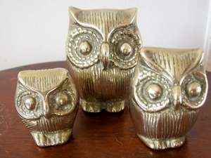 BRASS OWLS.  SET OF 3.