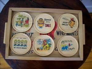 COASTERS X 6 ON TRAY.  HAND MADE & PAINTED.