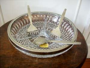 CRYSTAL SNACK DISH WITH 3 SHEFFIELD PLATE FORKS.