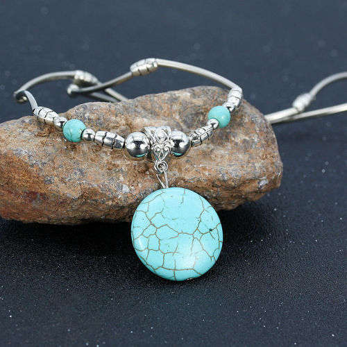 Retro Round Turquoise Pendant Tibetan Silver Chain Necklace