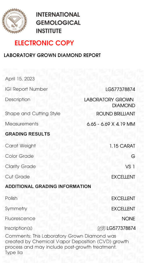 Lab Grown Diamond  - 1.15 Carat G VS1  Round - Excellent Cut