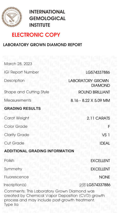 Lab Grown Diamond  - 2.11 Carat F VS1  Round - Excellent Cut