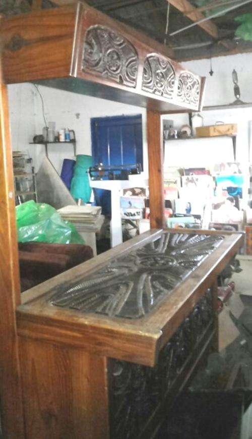 Vintage Hand Carved Bar and Three Carved Chairs.