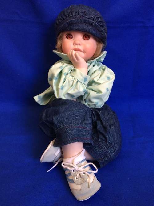Vintage Porcelain Doll - Green and Denim Doll