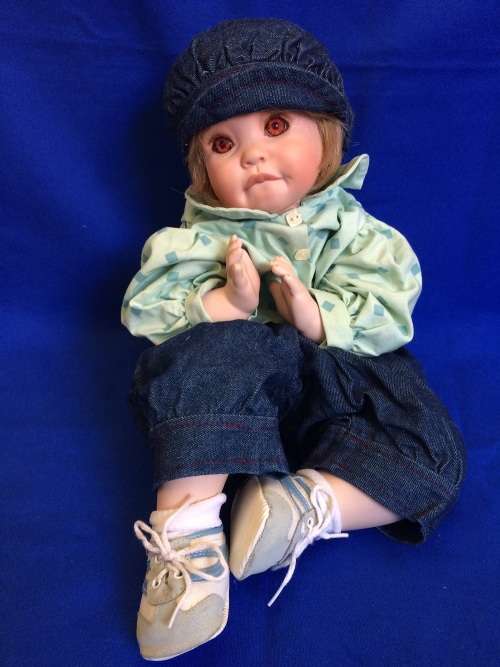 Vintage Porcelain Doll - Green and Denim Doll