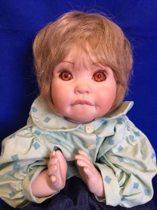 Vintage Porcelain Doll - Green and Denim Doll