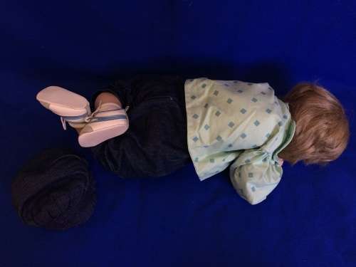 Vintage Porcelain Doll - Green and Denim Doll