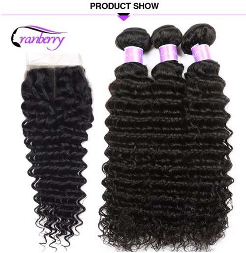 Brazilian Deep Wave Human Hair Bundles with Closure (16, 18, 18 + 14 closure)