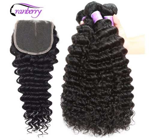 Brazilian Deep Wave Human Hair Bundles with Closure (16, 18, 18 + 14 closure)