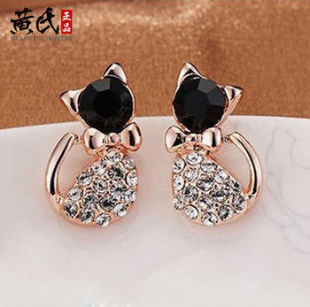 GOLD PLATED BLACK STUD AND SILVER  RHINESTONE KITTYEARRINGS