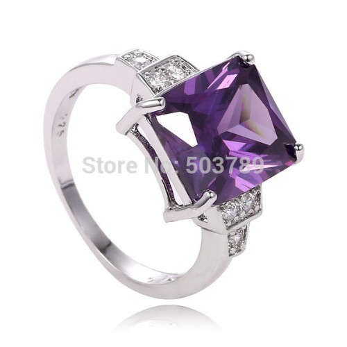 SILVER PLATED RING WITH A SQUARE PURPLE STONE-SIZE 10