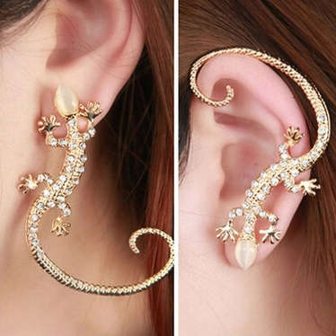 ELEGANT GOLD PLATED LIZARD EARRING WITH SILVER RHINESTONES--ONLY ONE EARRING
