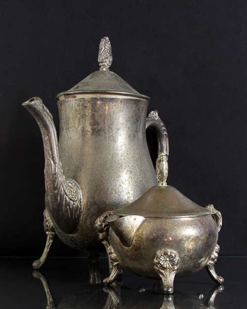 ORNATE PLATED VINTAGE TEAPOT AND MILK JUG / USED AND IN NEED OF ATTENTION!