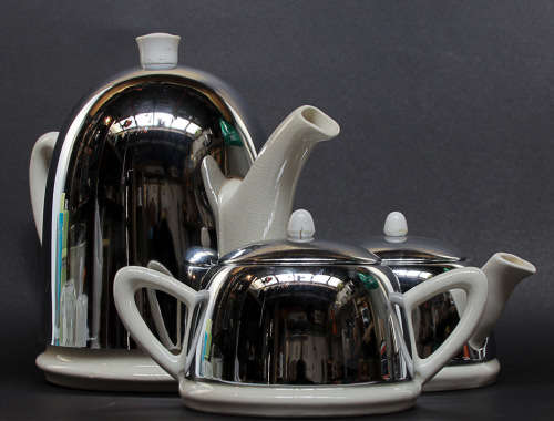 1 LOT OF 3,VINTAGE PORCELAIN COFFEE POT, SUGAR BOWL & MILK JUG WITH REMOVABLE STAINLESS STEEL COVERS
