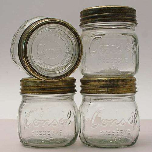VINTAGE CONSOL PRESERVE JARS WITH GLASS LIDS x4