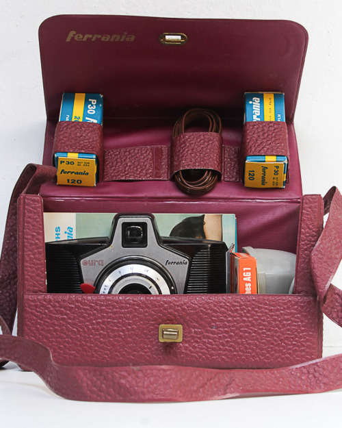 FERRANIA EURA CAMERA KIT, FLASH, BULBS, FILM, BOOKLETS, CASE