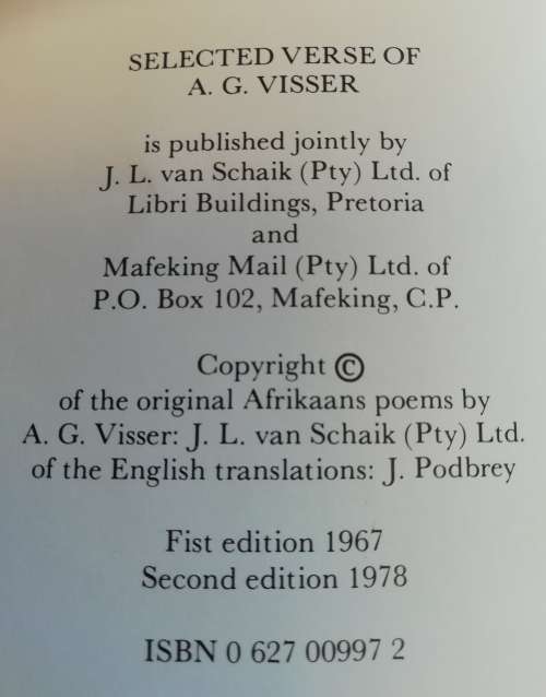 Selected Verse of A. G. Visser Translated by J. Podbrey