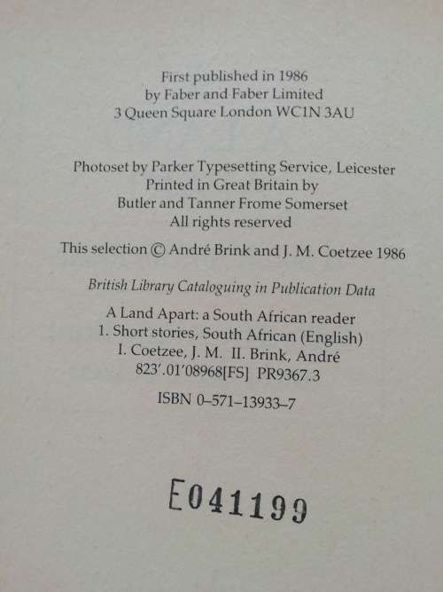 A Land Apart: A South African Reader  by J. M. Coetzee and Andre Brink (1986)