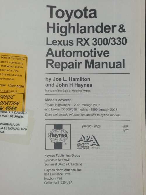 Toyota Highlander Lexus RX 300/330 / Haynes Service and Repair Manual