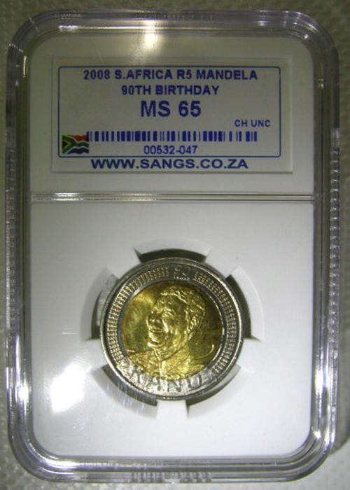 5 x Mandela 90th Birthday 2008 R5 Coins MS65 SANGS Graded Bid Per Coin