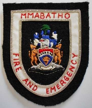 Bophuthatswana Mmabatho Fire and Emergency Shoulder Flash Silver Wire & Cotton on Felt 80mm x 95mm