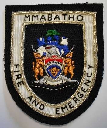 Bophuthatswana Mmabatho Fire and Emergency Shoulder Flash Silver Wire & Cotton on Felt 76mm x 92mm