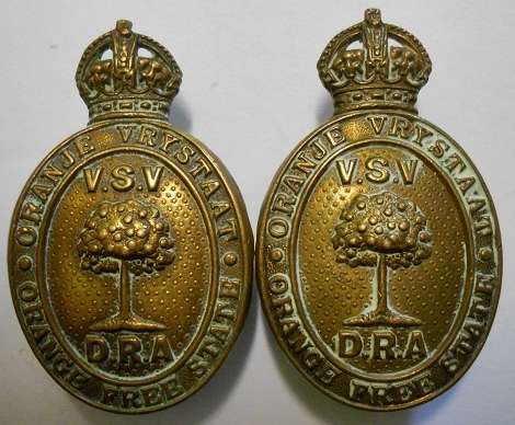 Orange Free State Defence Rifle Association Cap / Collar Badges x 2 One Without Lugs