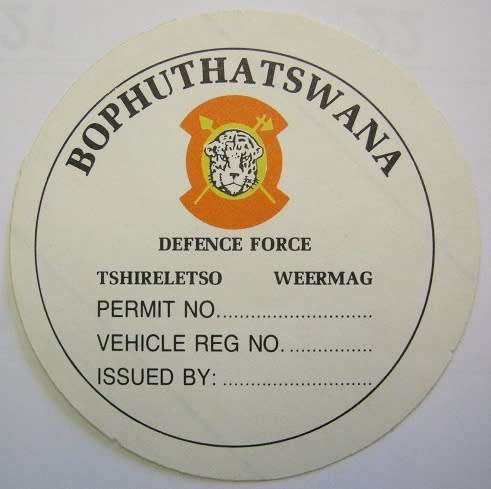 Bophuthatswana Defence Force Vehicle Permit Sticker 80mm Unused