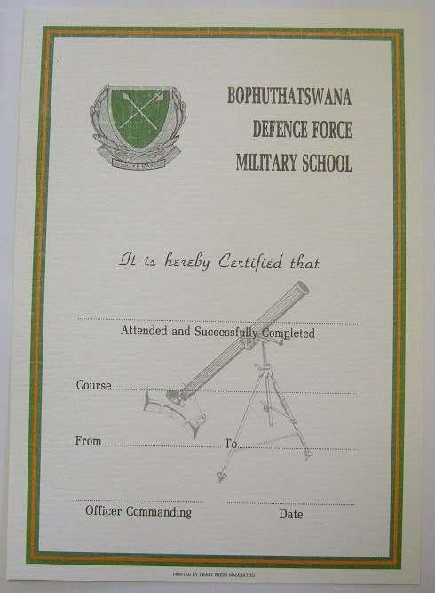 Bophuthatswana Defence Force Military School Certificate Unused 210mm x 296mm