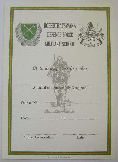 Bophuthatswana Defence Force Military School Certificate Unused 210mm x 296mm