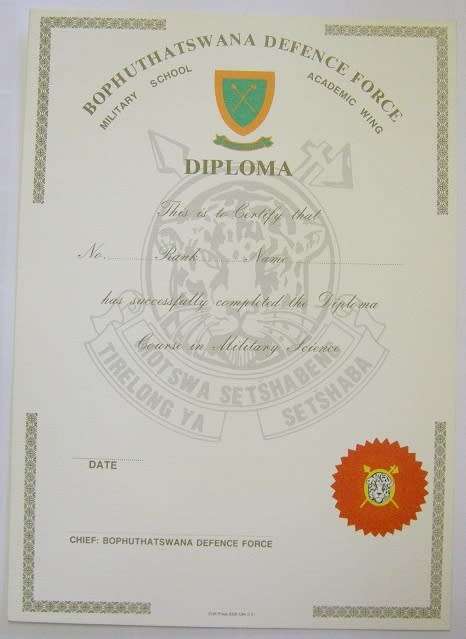 Bophuthatswana Defence Force Military School Academic Wing Diploma Unused 210mm x 296mm
