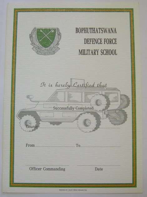 Bophuthatswana Defence Force Military School Certificate Unused 210mm x 296mm