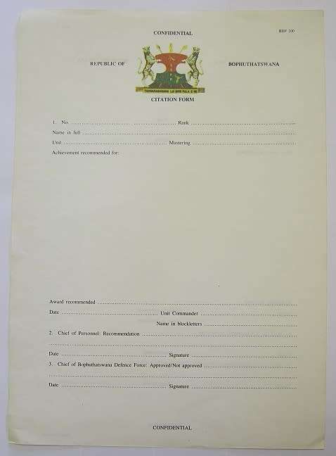 Republic of Bophuthatswana Citation Form Paper Double Sided 214mm x 302mm