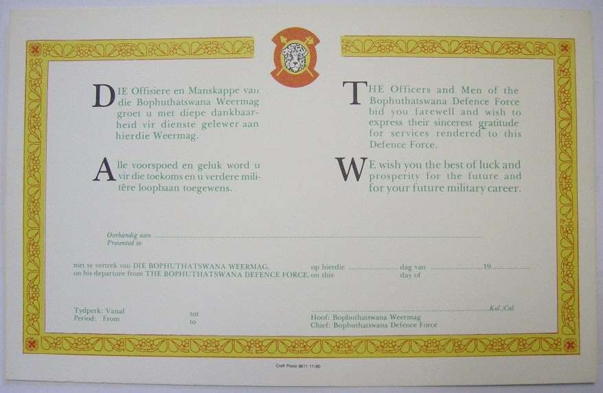 Bophuthatswana Defence Force Farewell Certificate Unused 188mm x 296mm