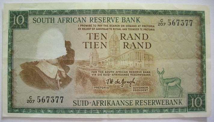Republic of South Africa Error T. W. de Jongh R10 Banknote (1967) One Horizontal & One Vertical Fold