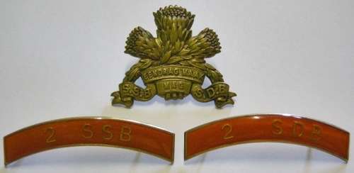 2 Special Service Battalion / 2 Spesiale Diens Bataljon Shoulder Titles Pair & Brass Cap Badge