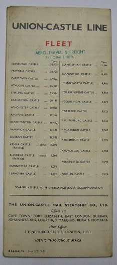 Union Castle Line Rates of Passage Money April 1951 Edition 433mm x 370mm Open 93mm x 217mm Closed