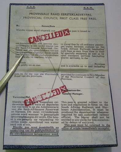 SAR / SAS Provincial Council Free Pass No 004291 Cancelled Unused