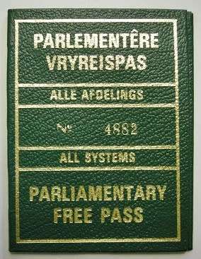 SAR / SAS Parliamentary Free Pass No 4882 Cancelled Unused