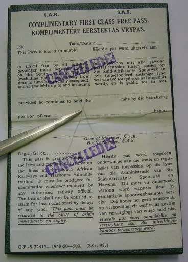 SAR / SAS Parliamentary Free Pass No 4882 Cancelled Unused