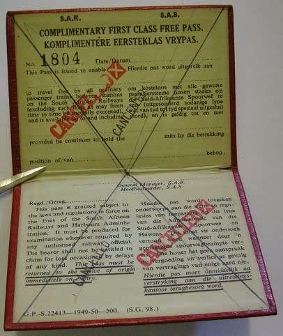 SAR / SAS Complimentary Free Pass No 1804 Cancelled Unused