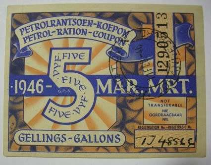 Petrol-Ration-Coupon 5 Gallons 1946 MAR. Registration No. TJ48566 Stamped Motortown Johannesburg