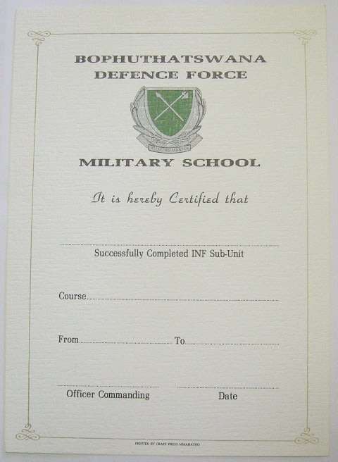 Bophuthatswana Defence Force Military School Certificate Unused
