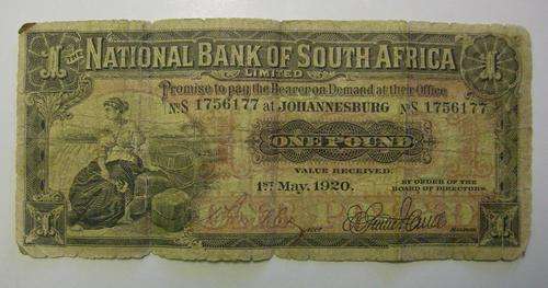 National Bank of South Africa One Pound 1st May 1920 Well Used Small Hole/Tear in the 'd' of Pound