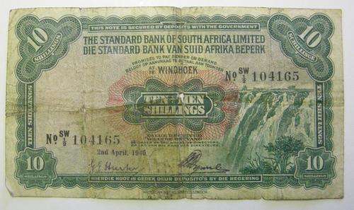 Standard Bank of South Africa Ltd Windhoek Ten Shillings 2nd April 1940 Well Used Two Holes on Folds