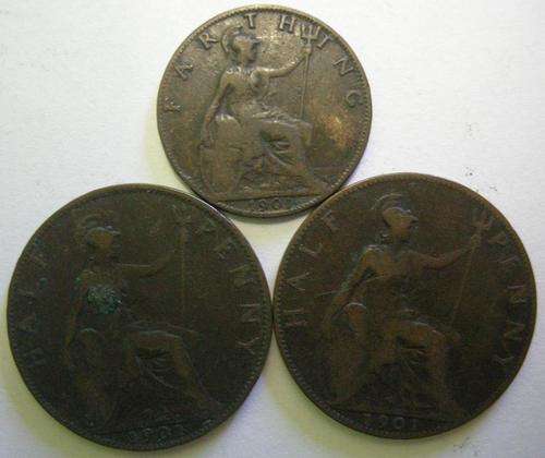 British Coins Half Penny x 2 Farthing x 1 1901