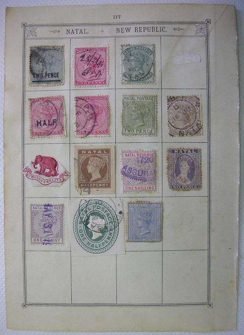 Natal Stamps x 11 Hinge Mounted On Album Page 2 x Prints on Paper. Elephant?