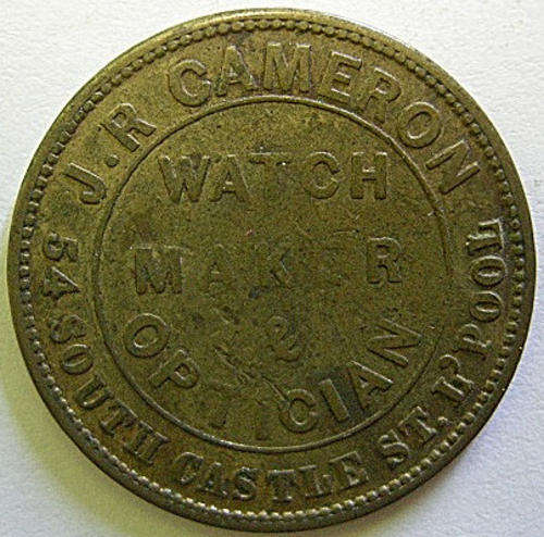 Token JR Cameron Watch Maker & Optician 54 South Castle St L'Pool Arthur Duke Wellington Brass 26mm