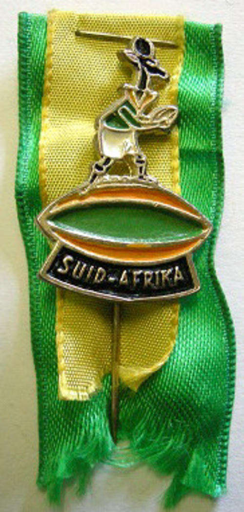 Springbok Rugby Pin Suid-Afrika Brass on Ribbon Badge: 20 x 31mm Pin: 47mm Ribbon: 23 x 55mm