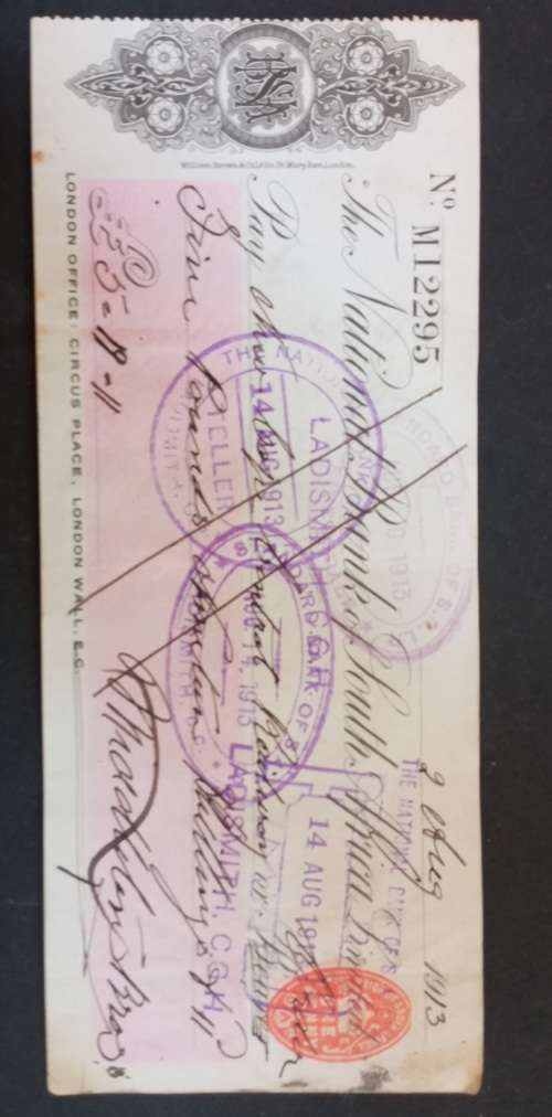 Union of SA cheque with revenue stamp 1913